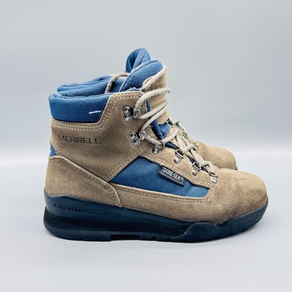 Merrell Boots Womens 8.5 Brown Blue Suede GORE TEX Hiking 80s 90s Vintage - Picture 1 of 10